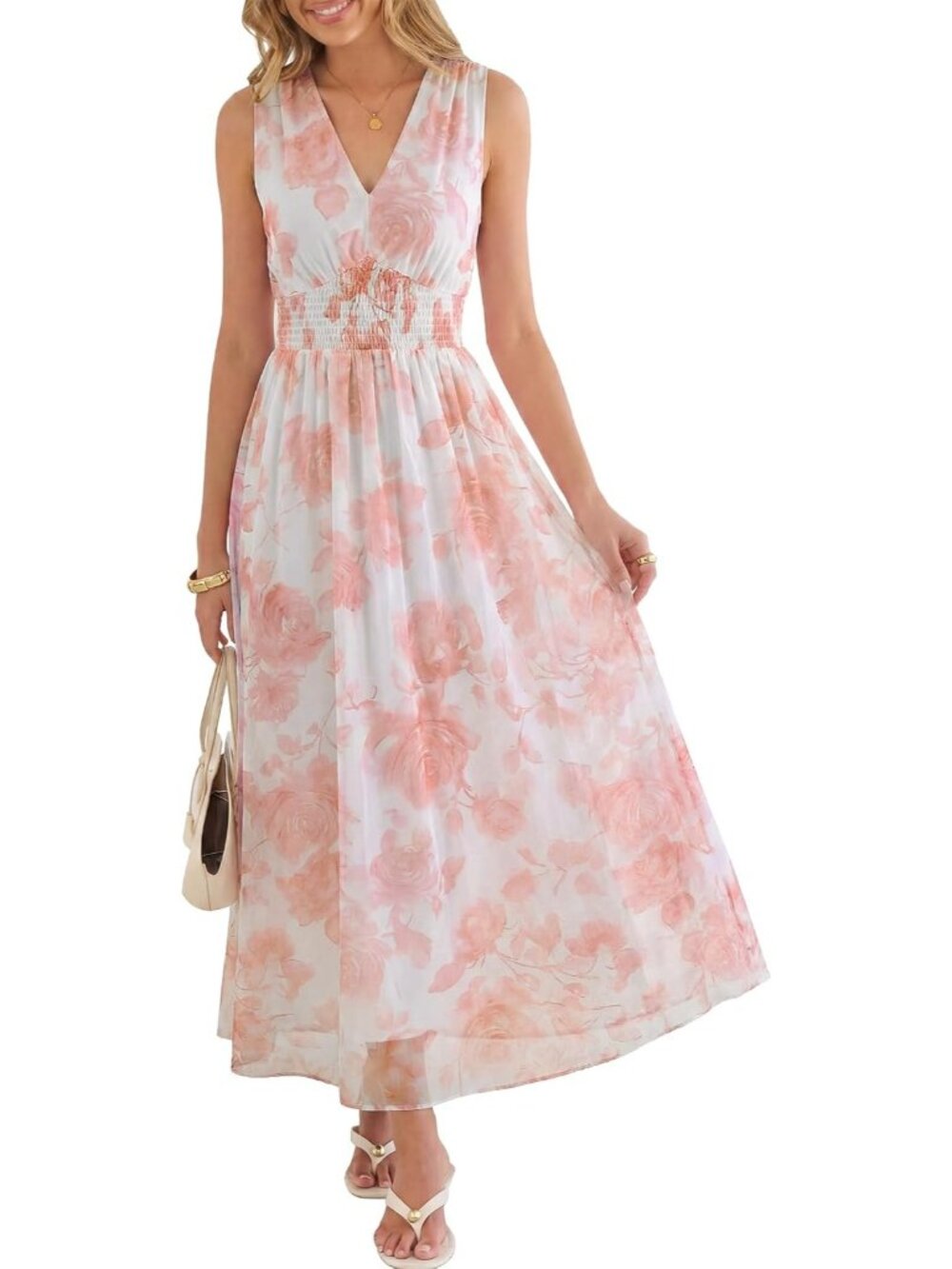 Women's Pink Floral Tulle V Neck Sleeveless Summer Wedding Guest Maxi Dresses